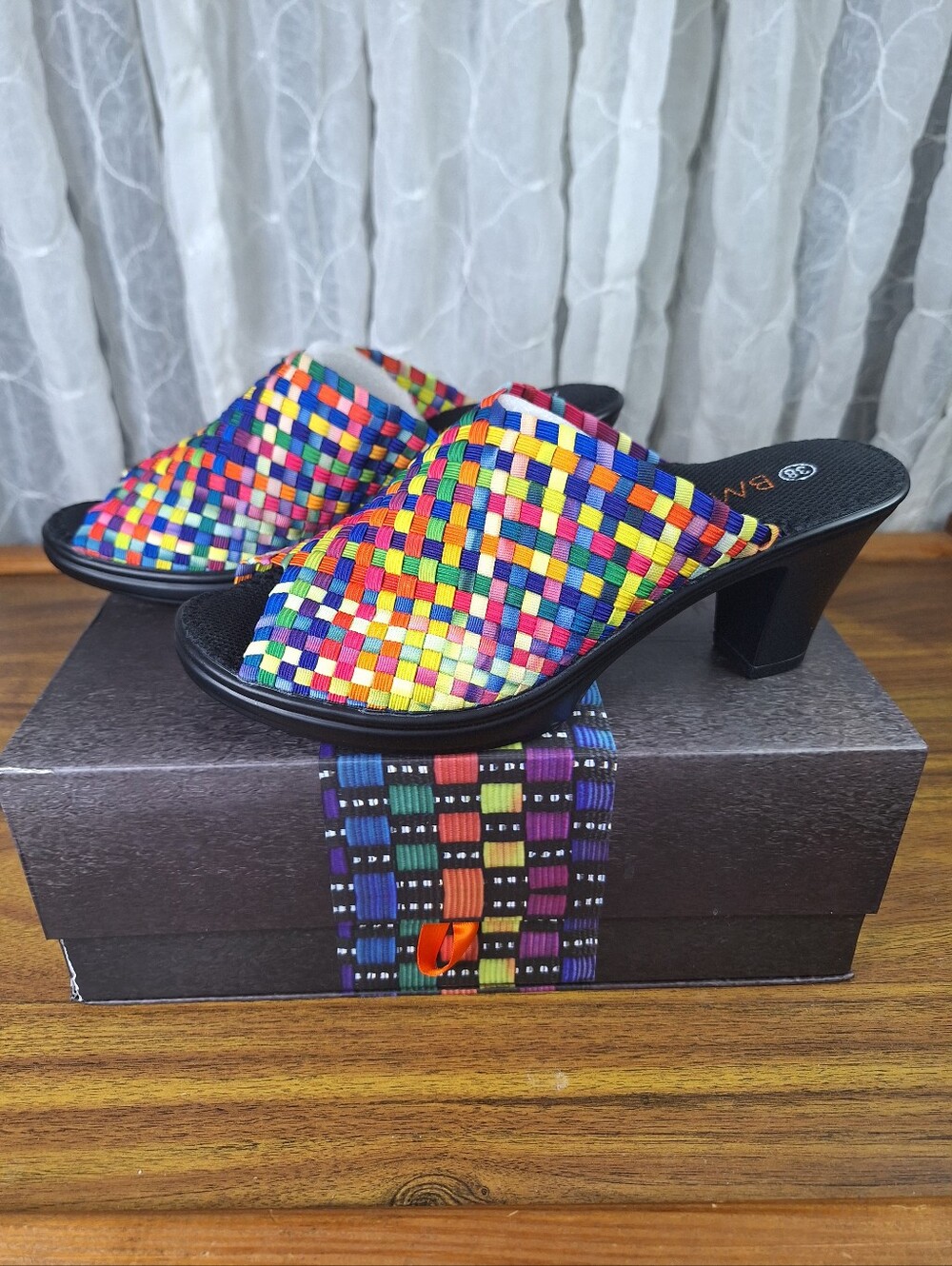 Bernie Mev Sun Rainbow Woven Peep Toe Block Heel Slip On Mules NIB EU38 US 7.5-8